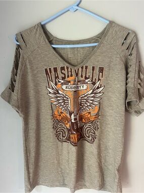 Nashville Graphic V-Neck Tee with Cutout Sleeves - Beige